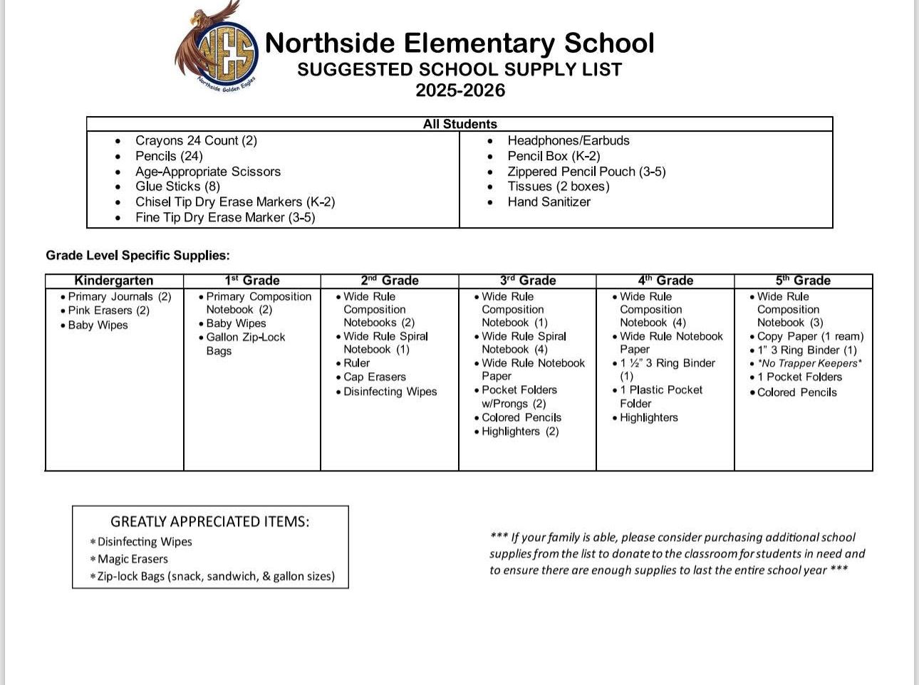  School Supply List