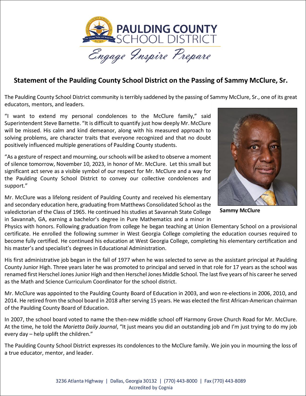 PCSD Statement on Passing of Sammy McClure